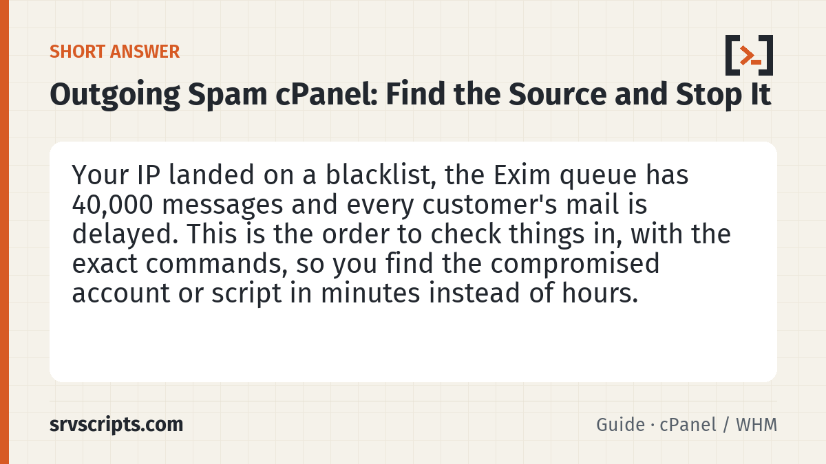 Outgoing Spam cPanel summary card: Pause outbound delivery so you are not making the blacklist situation worse while you investigate.