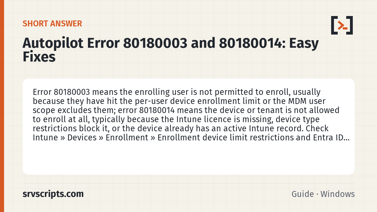Autopilot Error 80180003 and 80180014 summary card: Error 80180003 means the enrolling user is not permitted to enroll, usually because they have hit the per-user device…