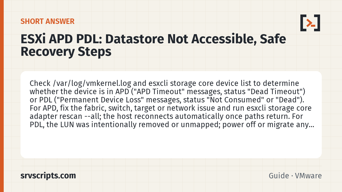 ESXi APD PDL summary card: Check /var/log/vmkernel.log and esxcli storage core device list to determine whether the device is in APD ("APD…