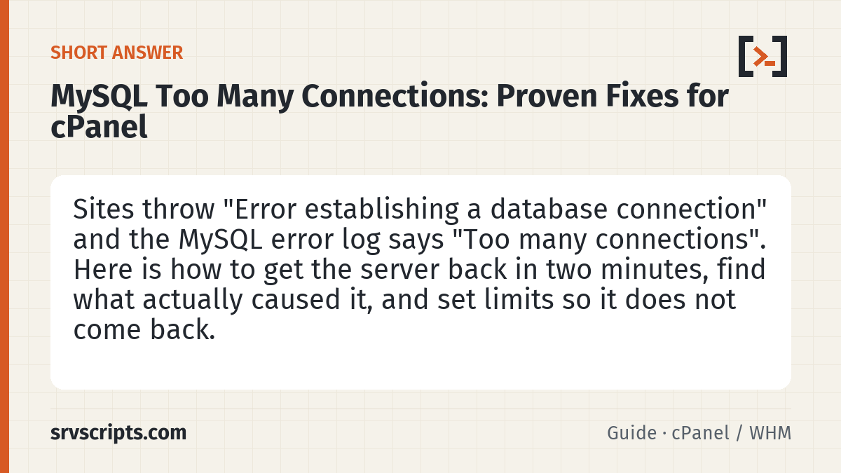 MySQL Too Many Connections summary card: If every site on the box is down, do not start tuning.