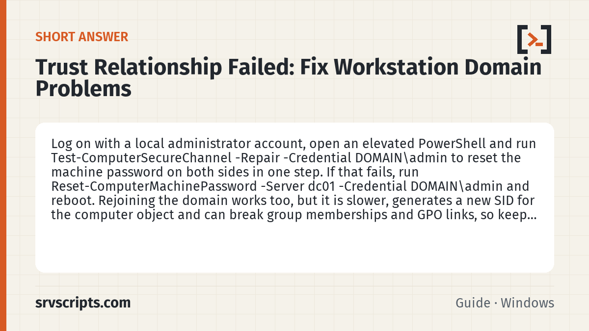 Trust Relationship Failed summary card: Log on with a local administrator account, open an elevated PowerShell and run Test-ComputerSecureChannel -Repair…