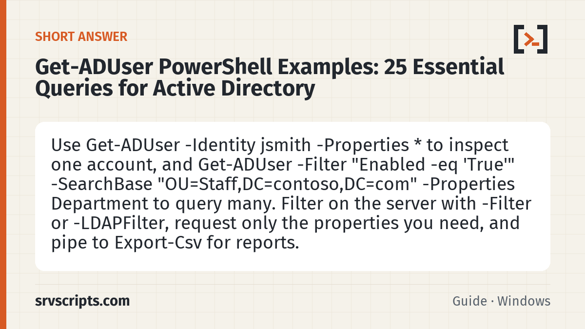 Get-ADUser PowerShell Examples summary card: Use Get-ADUser -Identity jsmith -Properties * to inspect one account, and Get-ADUser -Filter "Enabled -eq 'True'"…