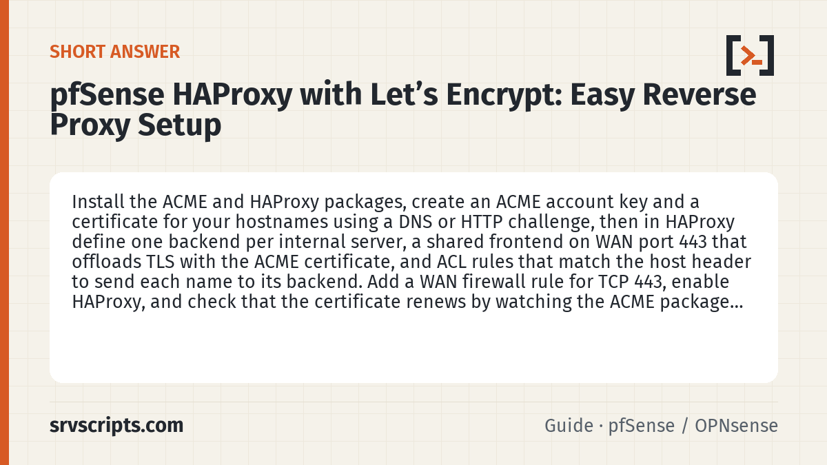 pfSense HAProxy with Let's Encrypt summary card: Install the ACME and HAProxy packages, create an ACME account key and a certificate for your hostnames using a DNS or…