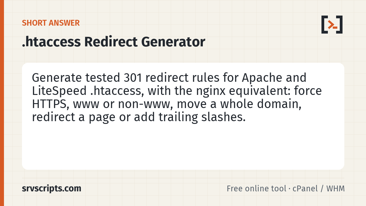 .htaccess Redirect Generator summary card: Choose a redirect type and the tool writes the rewrite rules for Apache and LiteSpeed (.htaccess on cPanel, DirectAdmin…