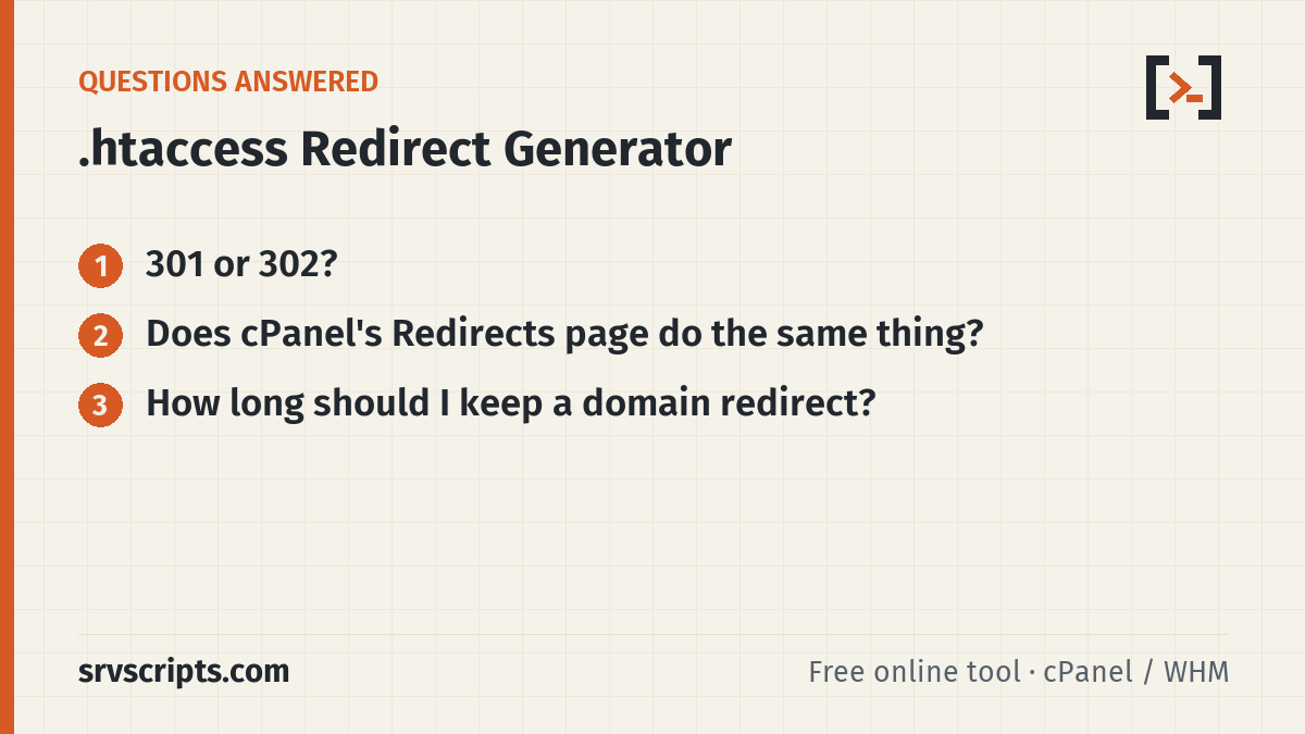 .htaccess Redirect Generator questions answered: 301 or 302? Does cPanel's Redirects page do the same thing?