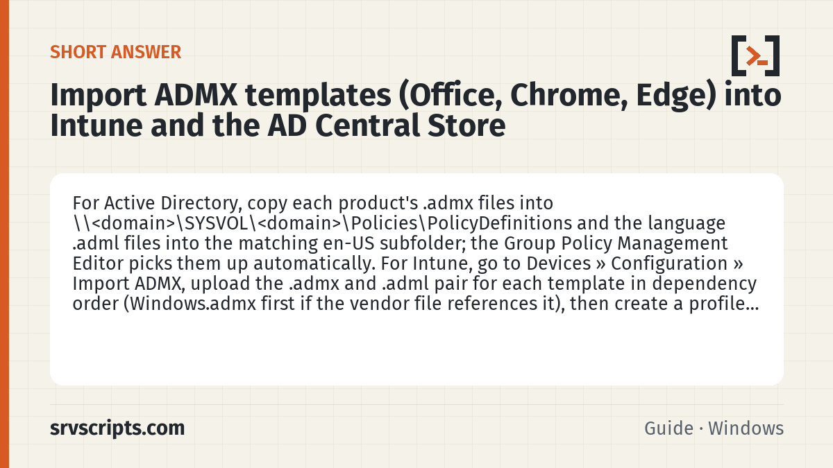 Import ADMX templates summary card: For Active Directory, copy each product's .admx files into \\<domain>\SYSVOL\<domain>\Policies\PolicyDefinitions and…