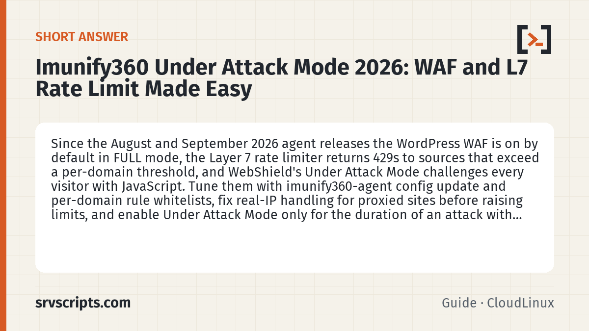 Imunify360 Under Attack Mode 2026 summary card: Since the August and September 2026 agent releases the WordPress WAF is on by default in FULL mode, the Layer 7 rate…