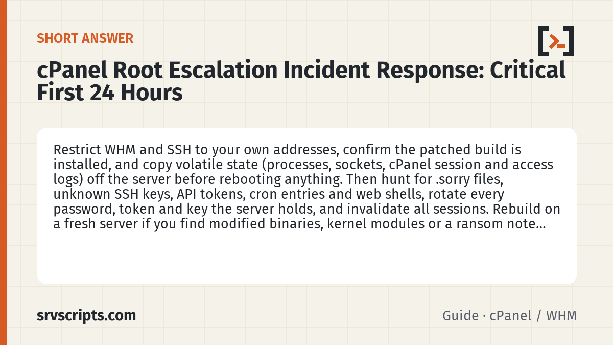 cPanel Root Escalation Incident Response summary card: Restrict WHM and SSH to your own addresses, confirm the patched build is installed, and copy volatile state (processes…