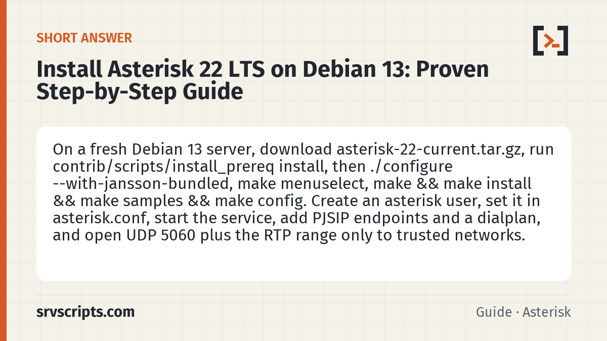 Install Asterisk 22 LTS on Debian 13 summary card: On a fresh Debian 13 server, download asterisk-22-current.tar.gz, run contrib/scripts/install_prereq install, then…