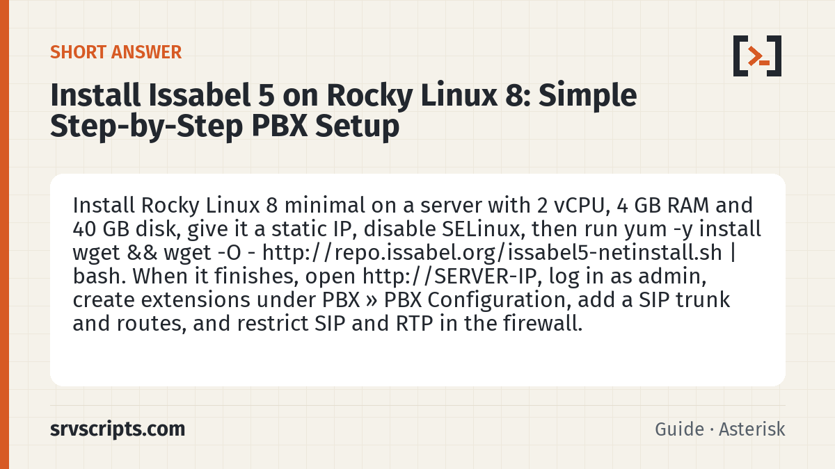 Install Issabel 5 on Rocky Linux 8 summary card: Install Rocky Linux 8 minimal on a server with 2 vCPU, 4 GB RAM and 40 GB disk, give it a static IP, disable SELinux…