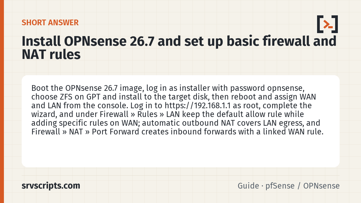 Install OPNsense 26.7 and set up basic firewall and NAT rule summary card: Boot the OPNsense 26.7 image, log in as installer with password opnsense, choose ZFS on GPT and install to the target…