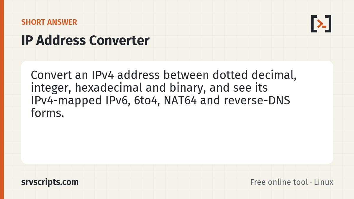 IP Address Converter summary card: Enter an address in any common form, such as 192.0.2.10, 3221225994, 0xC000020A, a 32-bit binary string or…