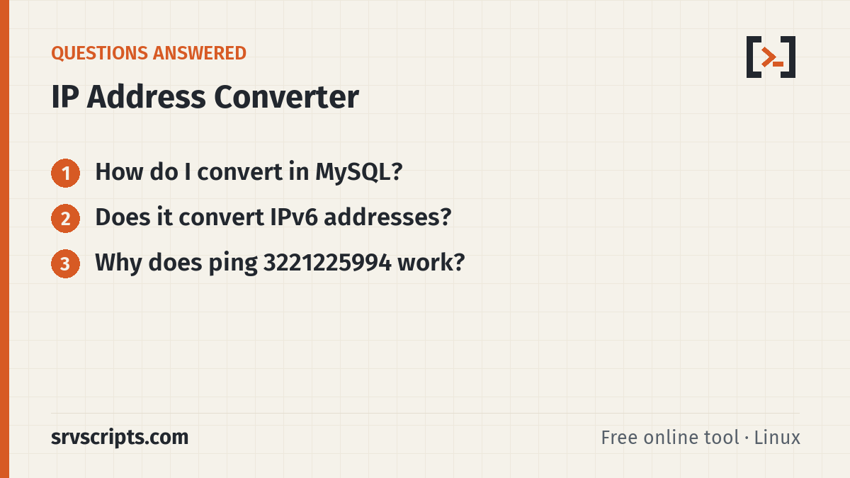 IP Address Converter questions answered: How do I convert in MySQL? Does it convert IPv6 addresses?
