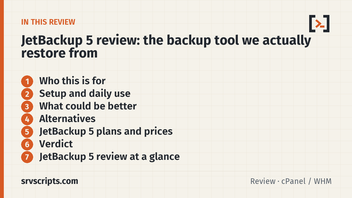 JetBackup 5 review sections: Who this is for, Setup and daily use, What could be better and Alternatives