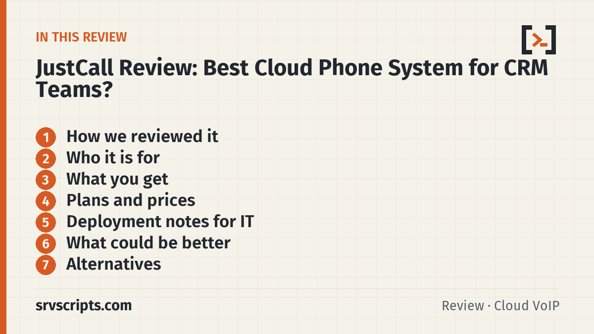 JustCall Review sections: How we reviewed it, Who it is for, What you get and Plans and prices