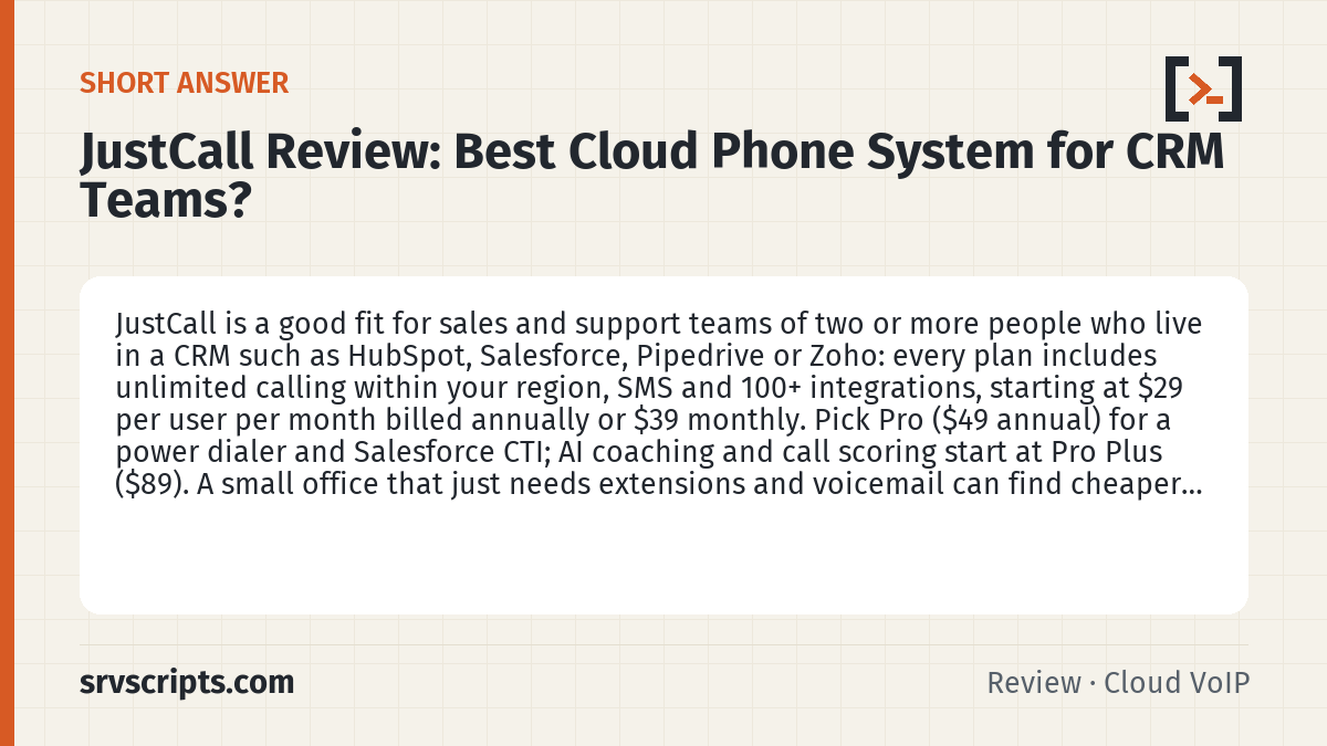 JustCall Review summary card: JustCall is a good fit for sales and support teams of two or more people who live in a CRM such as HubSpot, Salesforce…