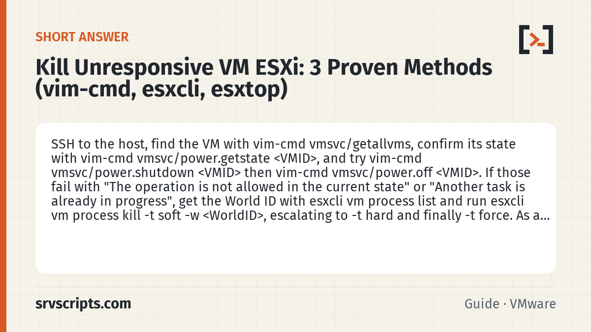 Kill Unresponsive VM ESXi summary card: SSH to the host, find the VM with vim-cmd vmsvc/getallvms, confirm its state with vim-cmd vmsvc/power.getstate <VMID>…