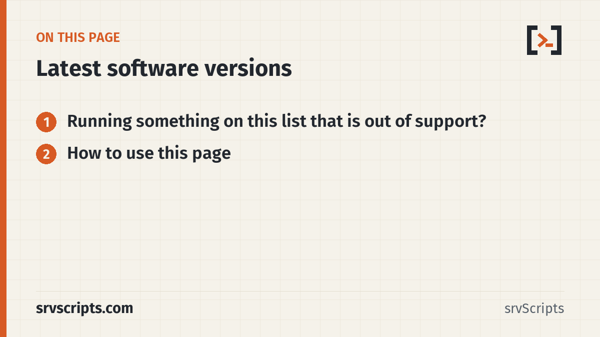 Latest software versions sections: Running something on this list that is out of support? and How to use this page
