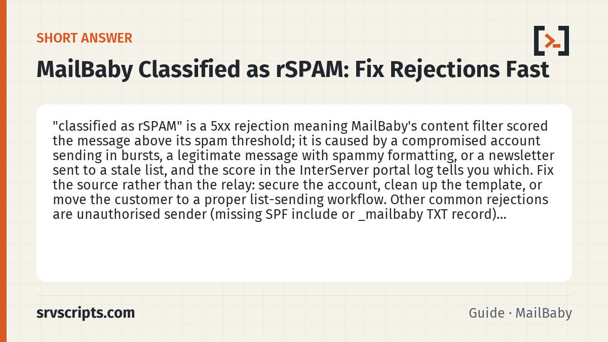 MailBaby Classified as rSPAM summary card: "classified as rSPAM" is a 5xx rejection meaning MailBaby's content filter scored the message above its spam threshold…