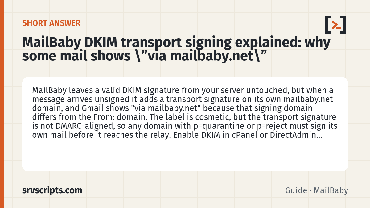 MailBaby DKIM transport signing explained summary card: MailBaby leaves a valid DKIM signature from your server untouched, but when a message arrives unsigned it adds a…