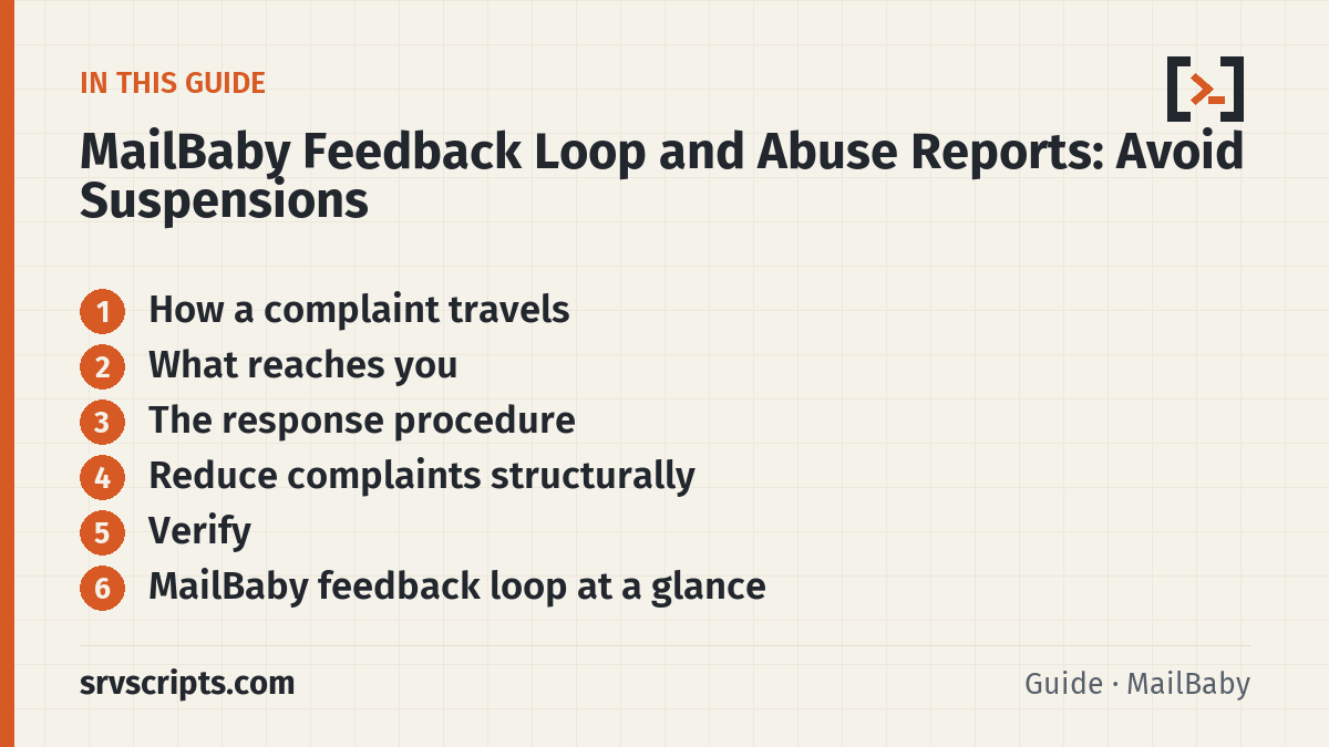 MailBaby Feedback Loop and Abuse Reports sections: How a complaint travels, What reaches you, The response procedure and Reduce complaints structurally