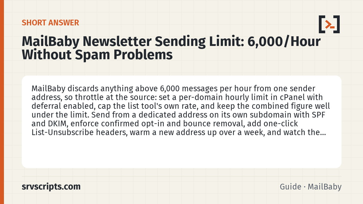 MailBaby Newsletter Sending Limit summary card: MailBaby discards anything above 6,000 messages per hour from one sender address, so throttle at the source: set a…
