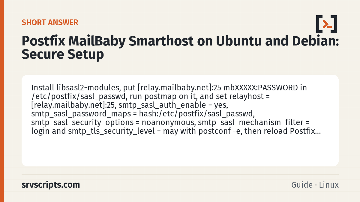 Postfix MailBaby Smarthost on Ubuntu and Debian summary card: Install libsasl2-modules, put [relay.mailbaby.net]:25 mbXXXXX:PASSWORD in /etc/postfix/sasl_passwd, run postmap on it…