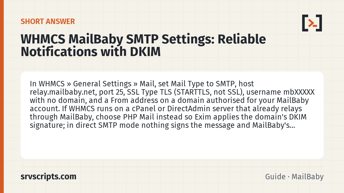 WHMCS MailBaby SMTP Settings summary card: In WHMCS » General Settings » Mail, set Mail Type to SMTP, host relay.mailbaby.net, port 25, SSL Type TLS (STARTTLS…