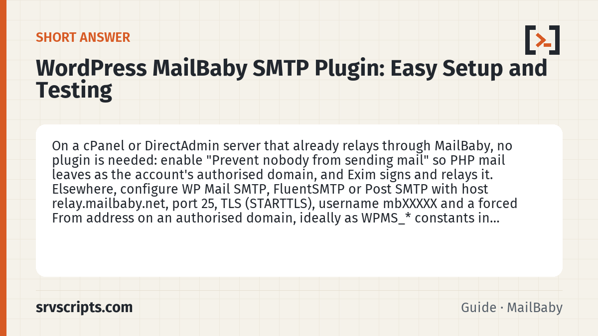 WordPress MailBaby SMTP Plugin summary card: On a cPanel or DirectAdmin server that already relays through MailBaby, no plugin is needed: enable "Prevent nobody…
