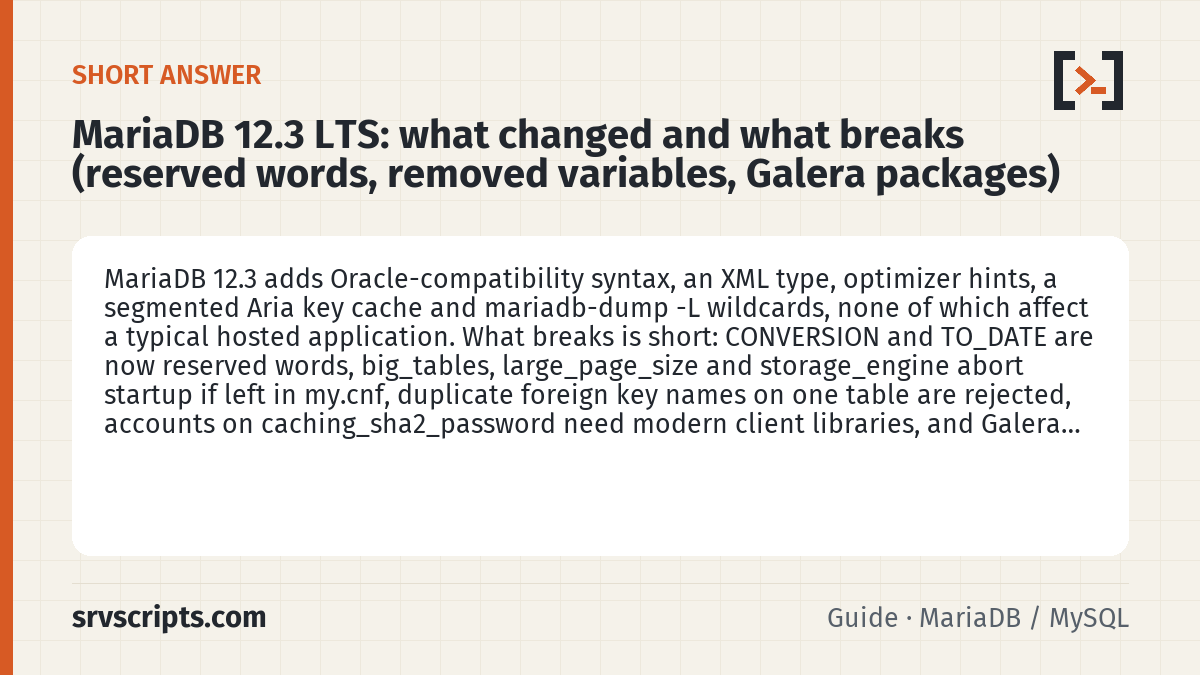 MariaDB 12.3 LTS summary card: MariaDB 12.3 adds Oracle-compatibility syntax, an XML type, optimizer hints, a segmented Aria key cache and…