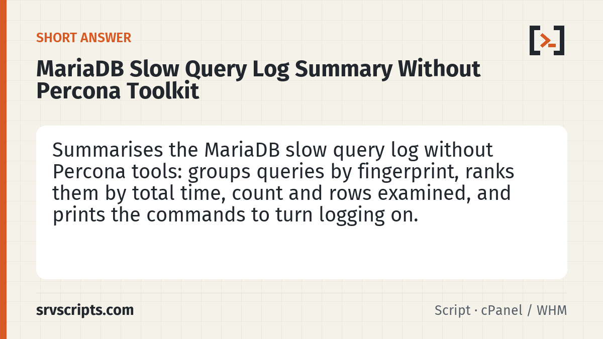 MariaDB Slow Query Log Summary summary card: The MariaDB slow query log is the most useful file on a busy database server and the least read.