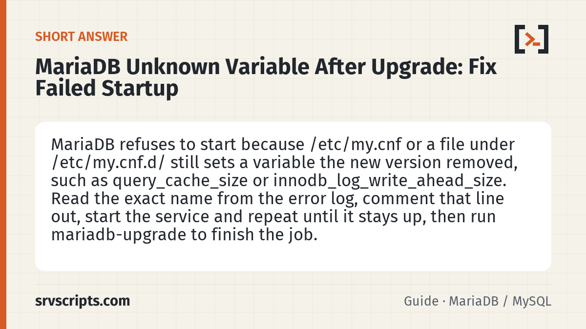 MariaDB Unknown Variable After Upgrade summary card: MariaDB refuses to start because /etc/my.cnf or a file under /etc/my.cnf.d/ still sets a variable the new version…
