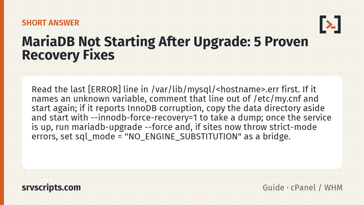 MariaDB Not Starting After Upgrade summary card: Read the last [ERROR] line in /var/lib/mysql/<hostname>.err first.