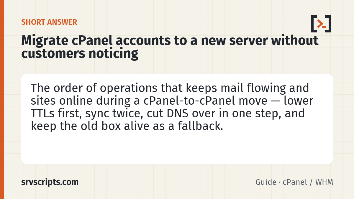 Migrate cPanel accounts to a new server without customers no summary card: Lower DNS TTLs. Set every A/MX record you will change to 300 seconds now, so that on migration day the world picks up…