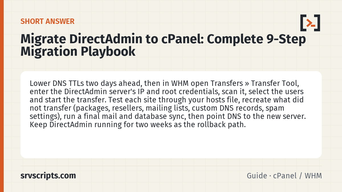 Migrate DirectAdmin to cPanel summary card: Lower DNS TTLs two days ahead, then in WHM open Transfers » Transfer Tool, enter the DirectAdmin server's IP and root…