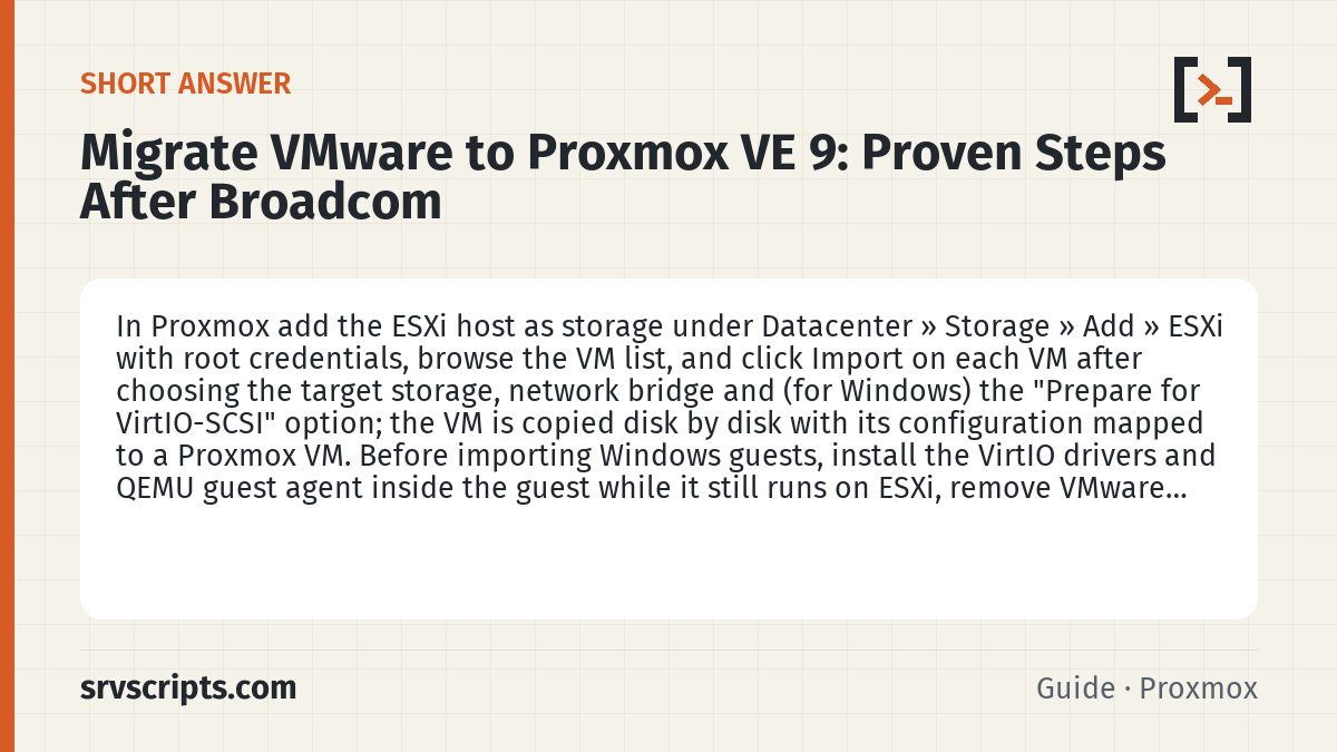 Migrate VMware to Proxmox VE 9 summary card: In Proxmox add the ESXi host as storage under Datacenter » Storage » Add » ESXi with root credentials, browse the VM…
