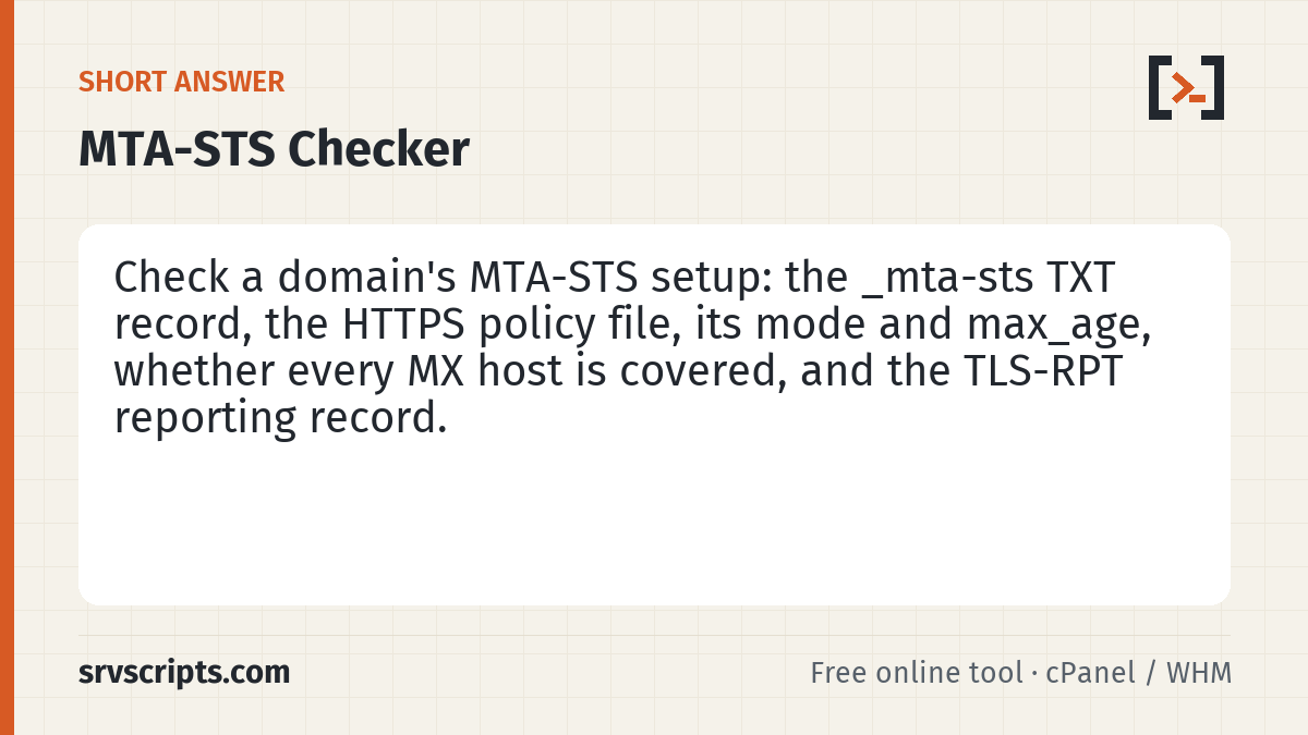 MTA-STS Checker summary card: MTA-STS (RFC 8461) tells sending mail servers that your domain only accepts mail over TLS with a valid certificate…