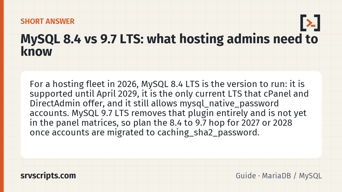 MySQL 8.4 vs 9.7 LTS summary card: For a hosting fleet in 2026, MySQL 8.4 LTS is the version to run: it is supported until April 2029, it is the only…