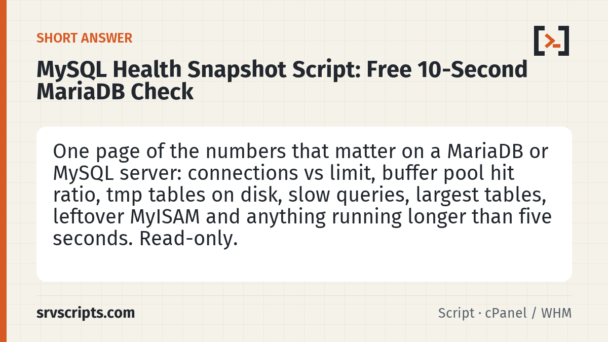 MySQL Health Snapshot Script summary card: mysqltuner is great but it is 2,000 lines of Perl and its advice needs interpreting.
