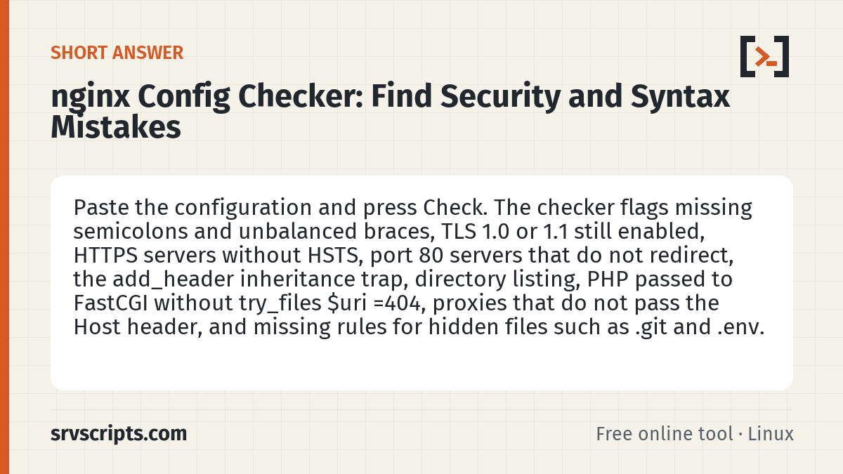 nginx Config Checker summary card: Paste the configuration and press Check.