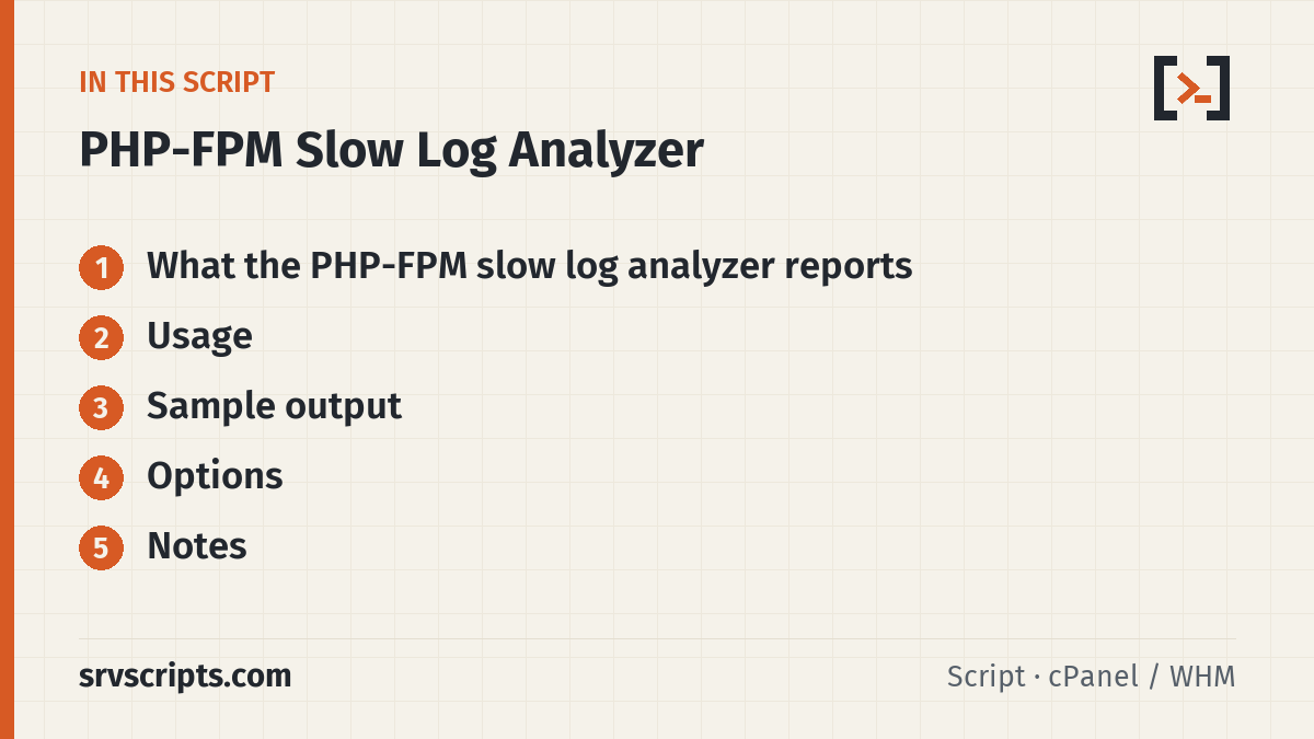 PHP-FPM Slow Log Analyzer sections: What the PHP-FPM slow log analyzer reports, Usage, Sample output and Options