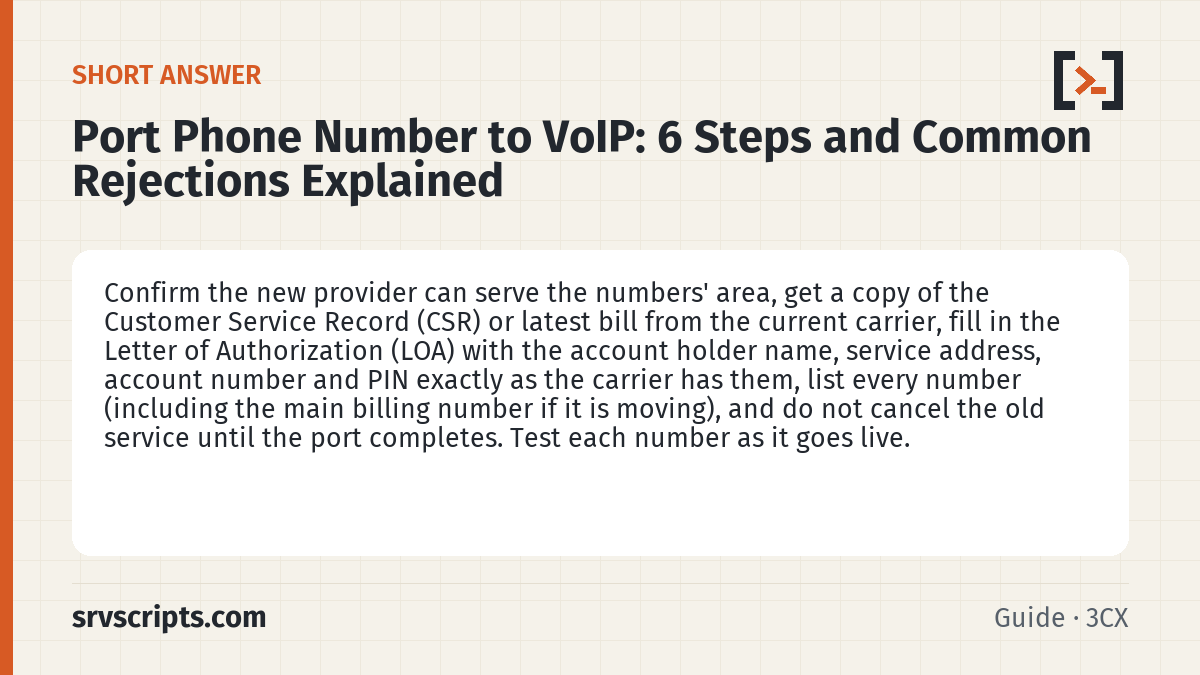 Port Phone Number to VoIP summary card: Confirm the new provider can serve the numbers' area, get a copy of the Customer Service Record (CSR) or latest bill…