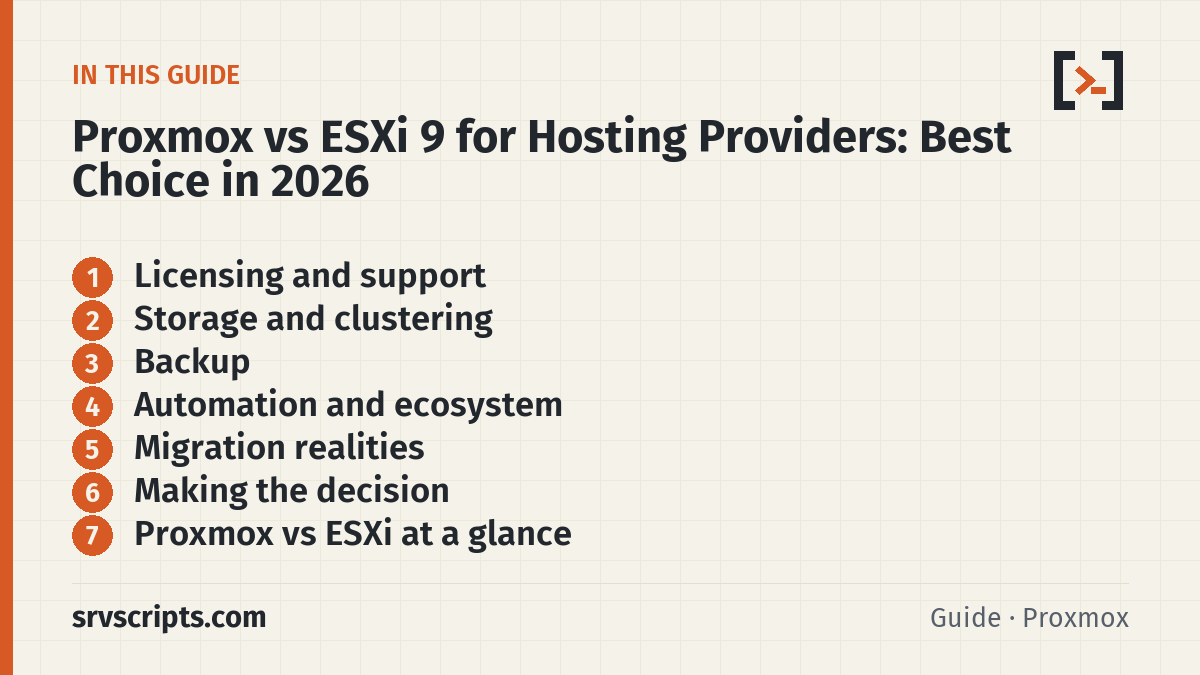 Proxmox vs ESXi 9 for Hosting Providers sections: Licensing and support, Storage and clustering, Backup and Automation and ecosystem