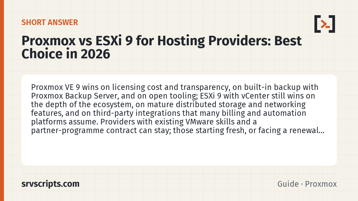 Proxmox vs ESXi 9 for Hosting Providers summary card: Proxmox VE 9 wins on licensing cost and transparency, on built-in backup with Proxmox Backup Server, and on open…
