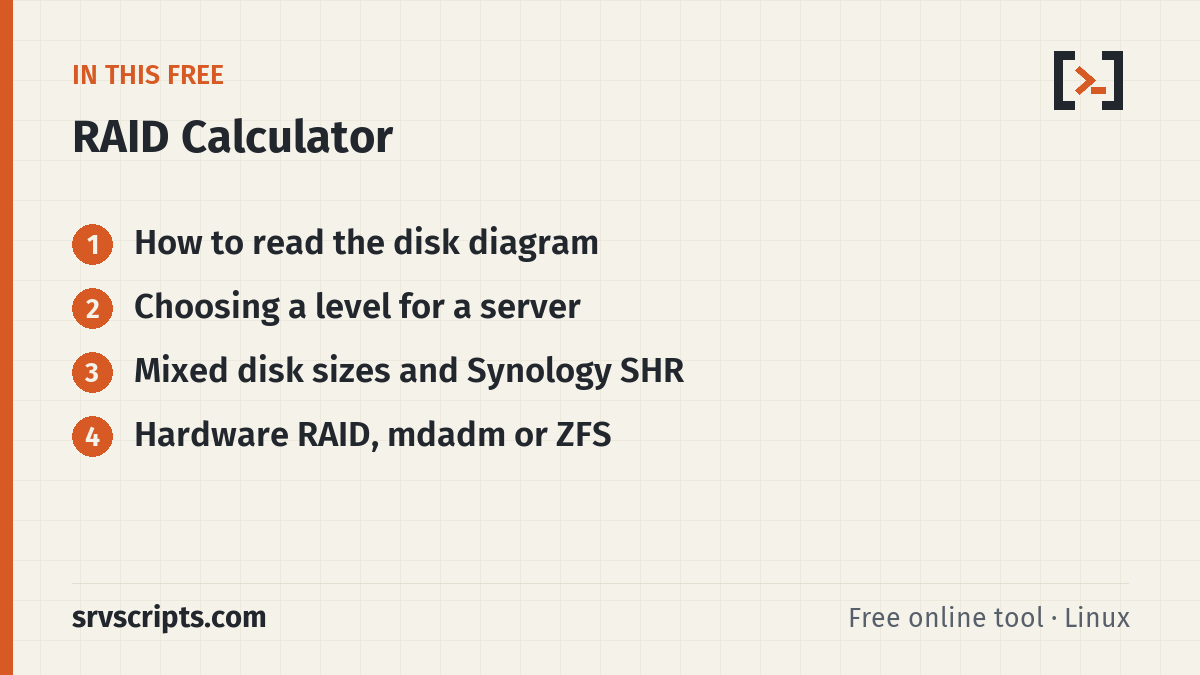 RAID Calculator sections: How to read the disk diagram, Choosing a level for a server, Mixed disk sizes and Synology SHR and Hardware RAID, mdadm…