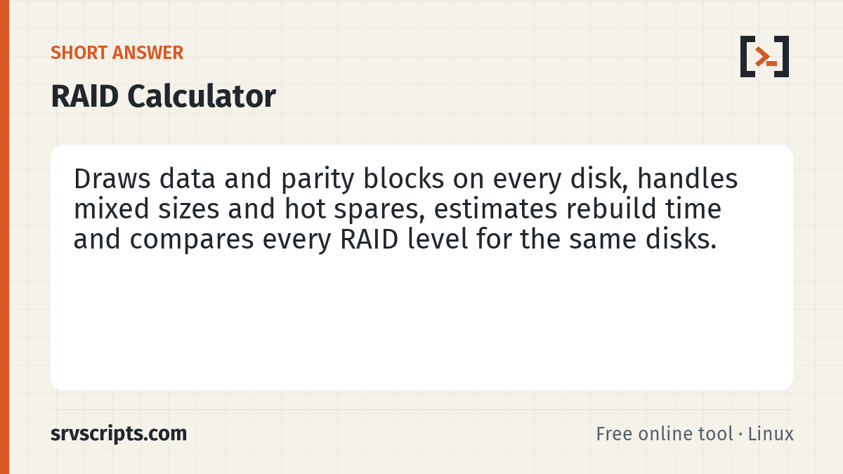 RAID Calculator summary card: Pick a RAID level, set how many disks you have and how big each one is, and the calculator draws where data and parity…