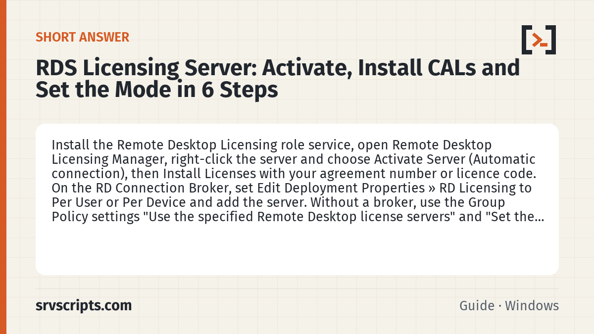 RDS Licensing Server summary card: Install the Remote Desktop Licensing role service, open Remote Desktop Licensing Manager, right-click the server and…
