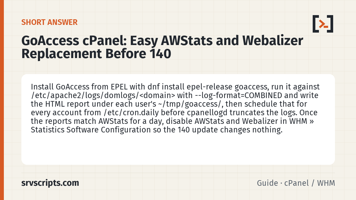 GoAccess cPanel summary card: Install GoAccess from EPEL with dnf install epel-release goaccess, run it against /etc/apache2/logs/domlogs/<domain>…