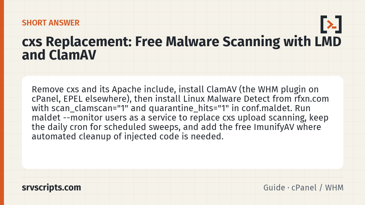 cxs Replacement summary card: Remove cxs and its Apache include, install ClamAV (the WHM plugin on cPanel, EPEL elsewhere), then install Linux…