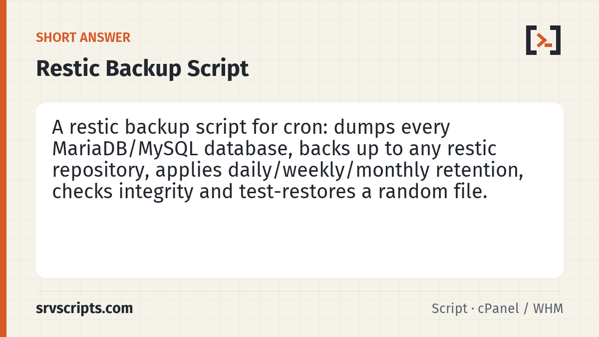 Restic Backup Script for Offsite Backups summary card: restic is the best free tool we know for getting a server's data off the server: encrypted, deduplicated, and able to…